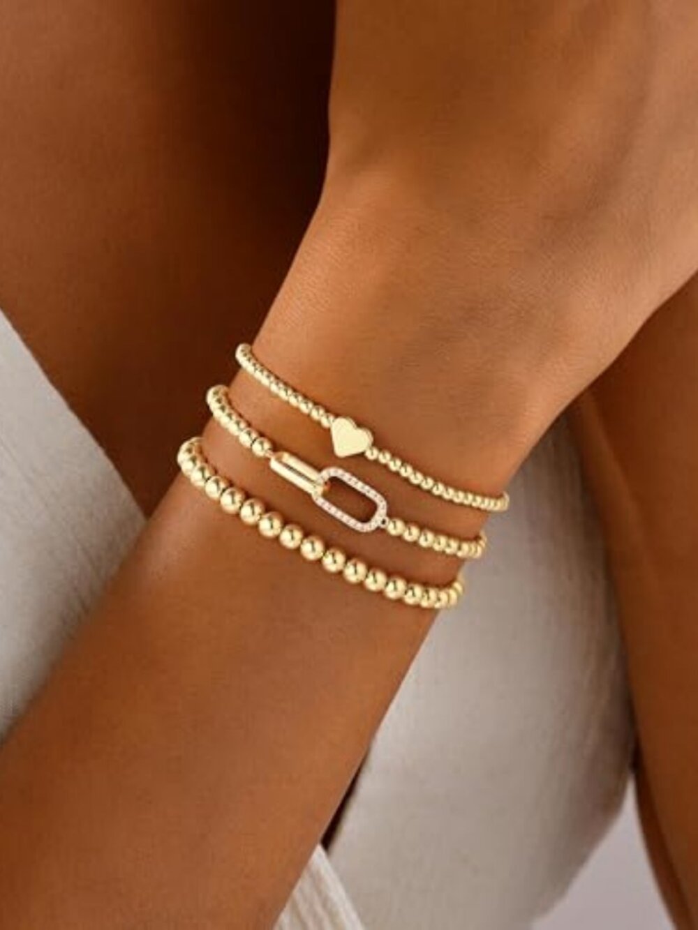 3PCS 14K Gold Plated Beaded Stretch Bracelet for Women Teen Girls
